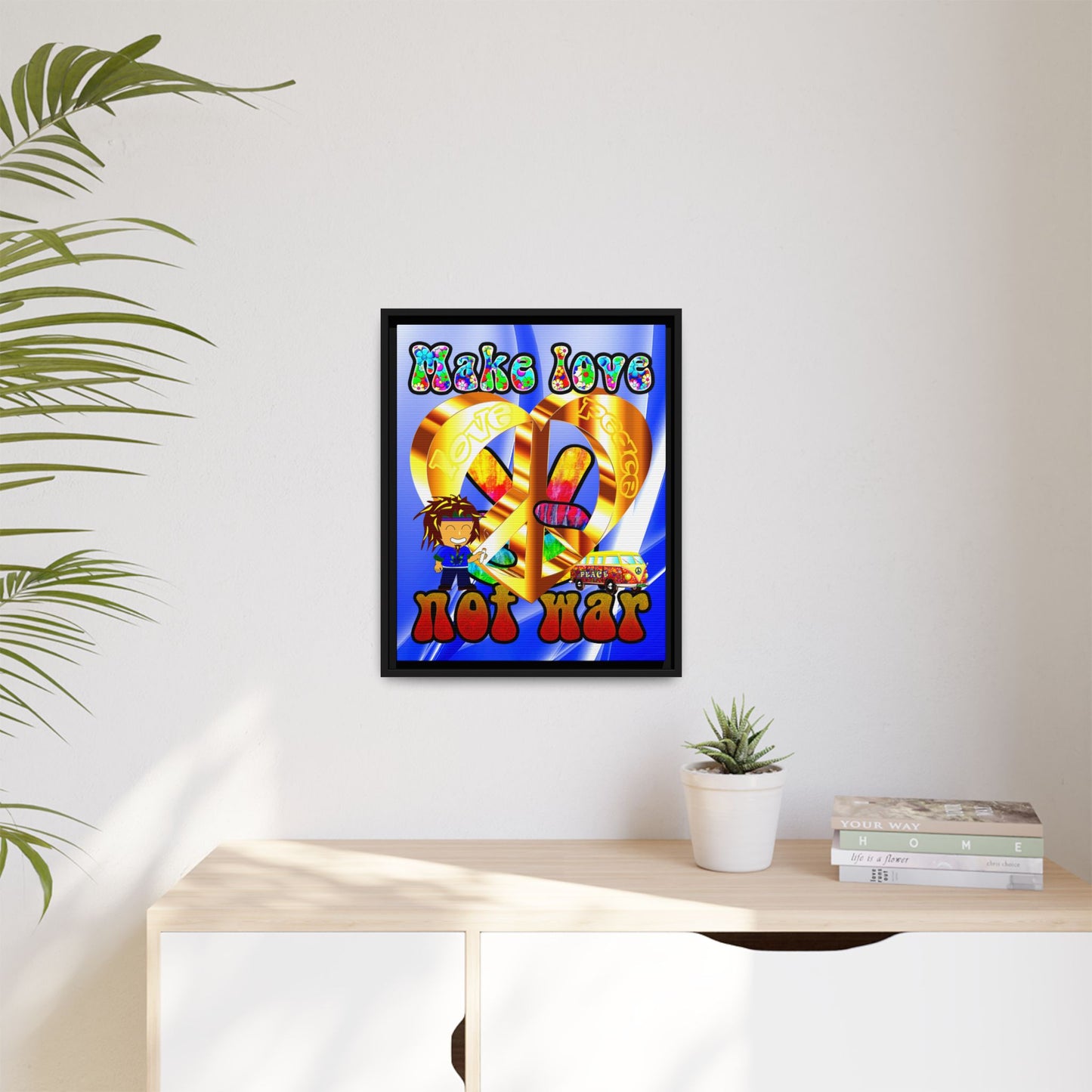 love peace - framed canvas art (blue-white wave)