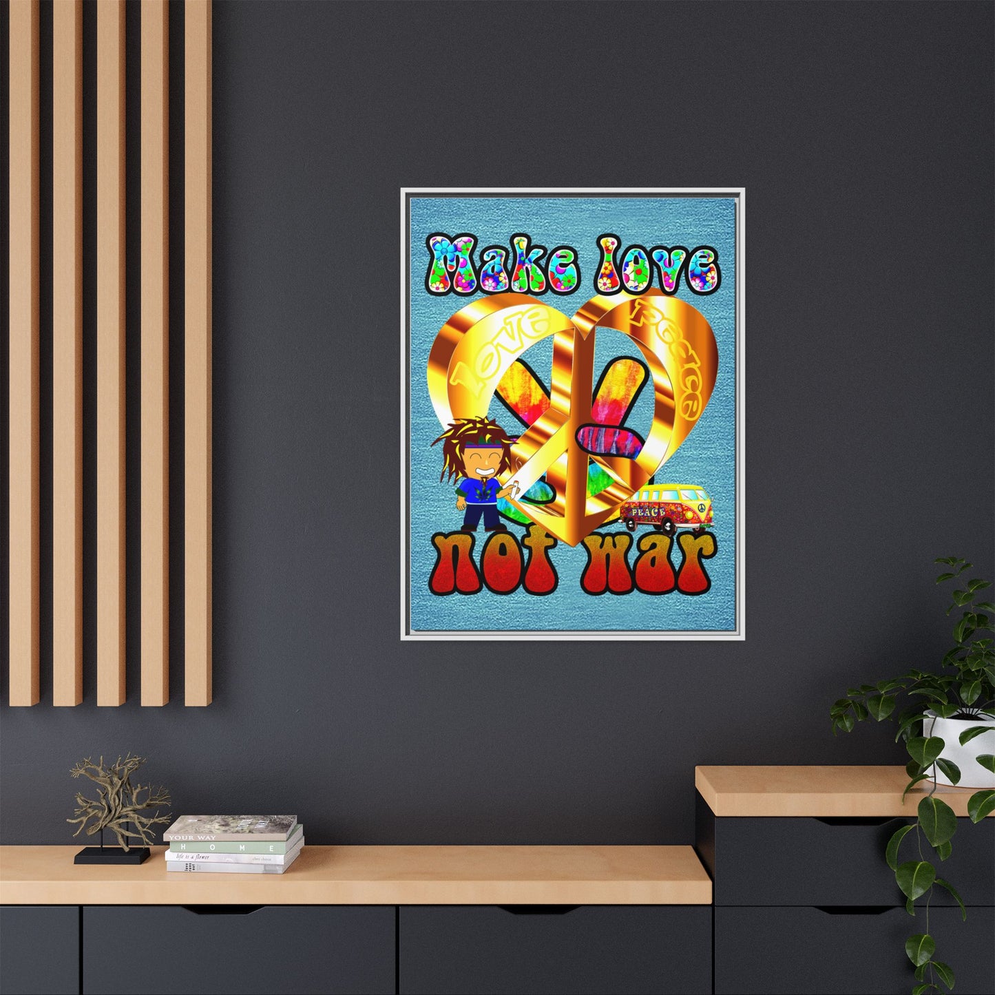 love peace - framed canvas art (faded blue)