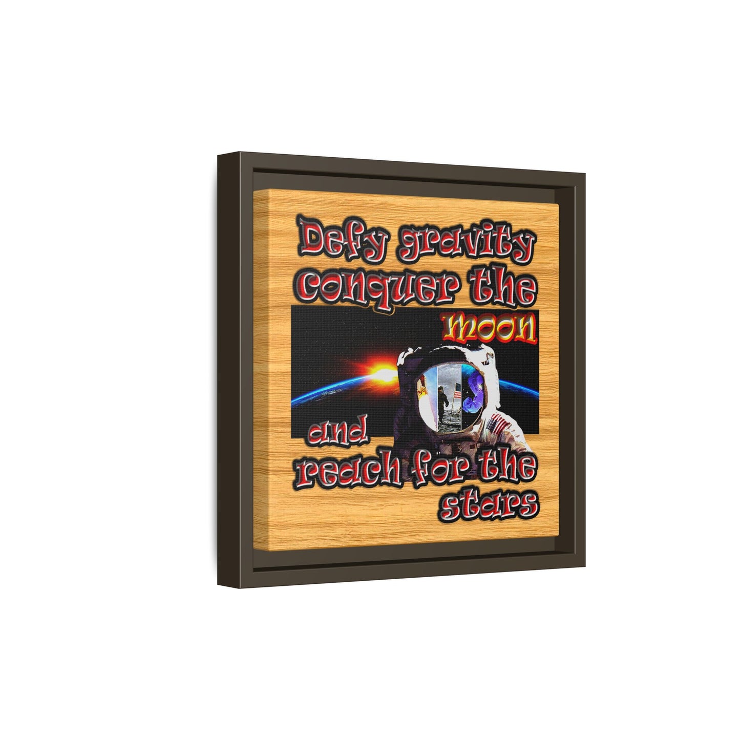 defy conquer reach - framed canvas art (butterscotch wood finish)