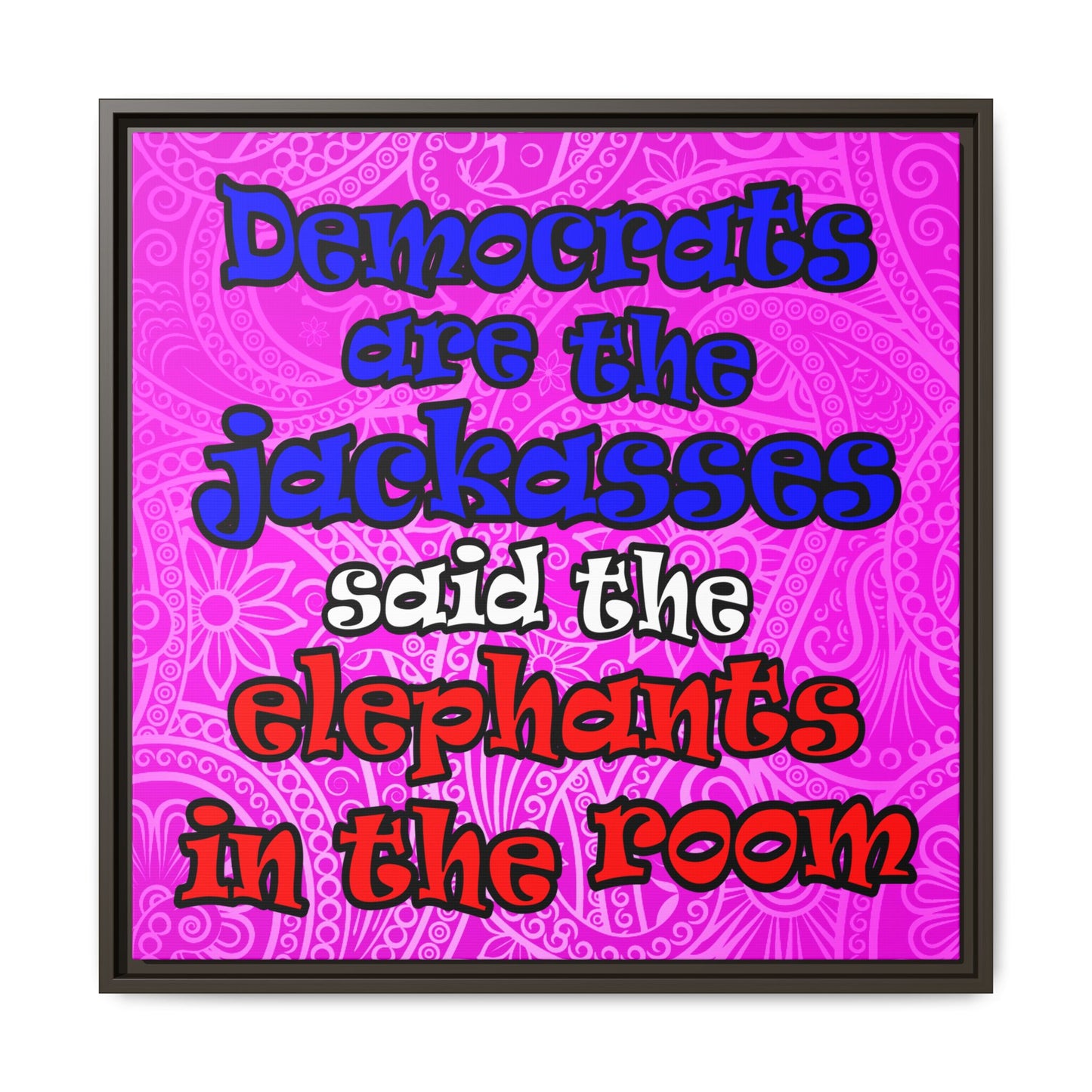 donkeys and elephants - framed canvas art (pink swirl)