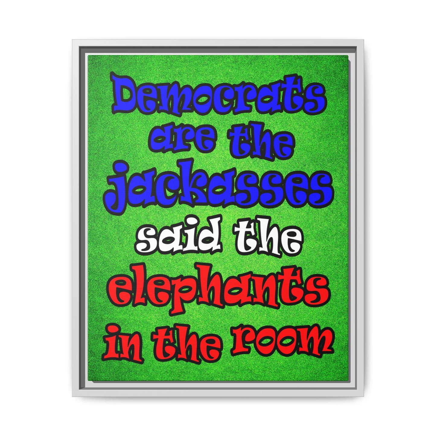 donkeys and elephants - framed canvas art (green turf)