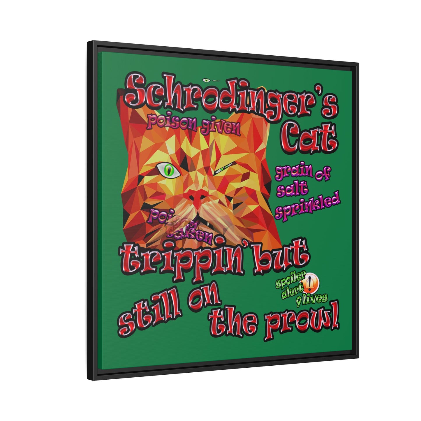 schrodinger's cat - framed canvas art (dark green)