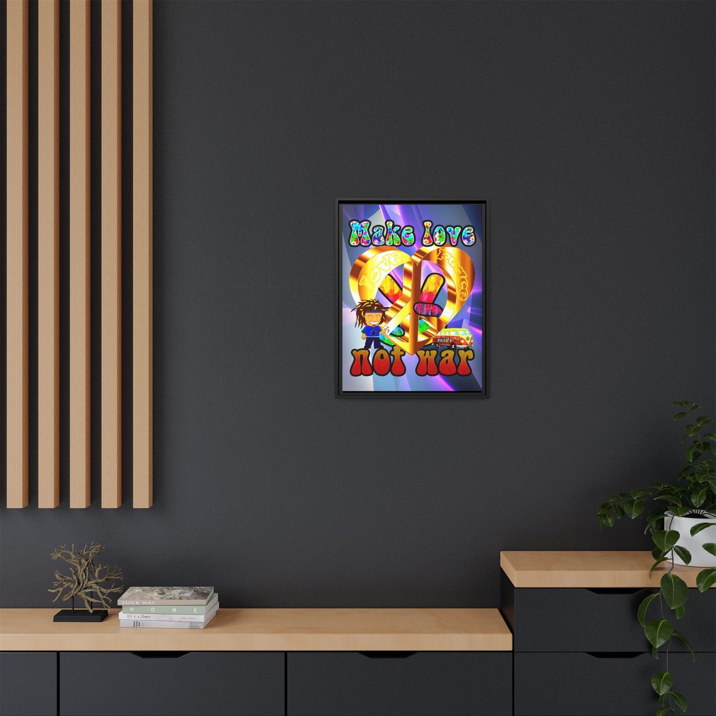 love peace - framed canvas art (grey-pink wave)