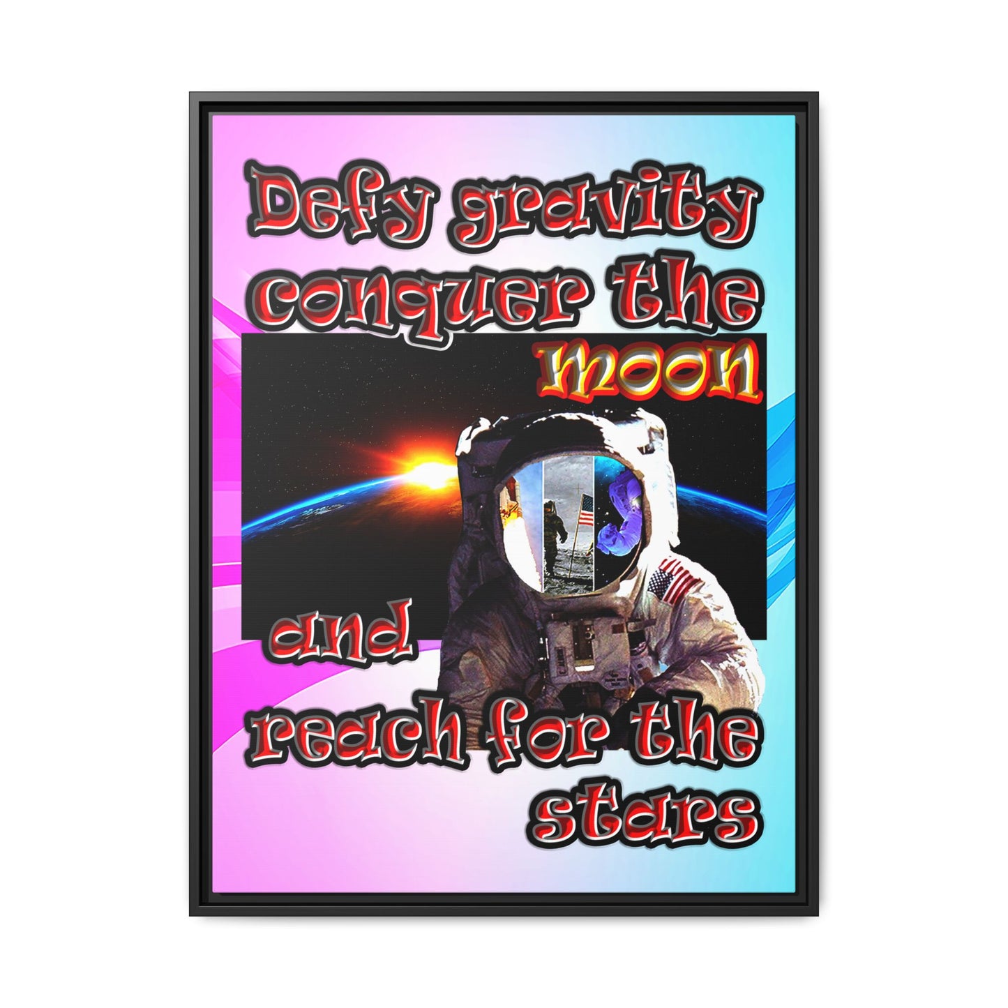 defy conquer reach - framed canvas art (light blue-pink wave)