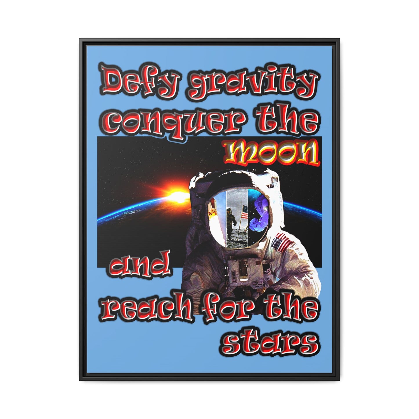 defy conquer reach - framed canvas art (light blue)