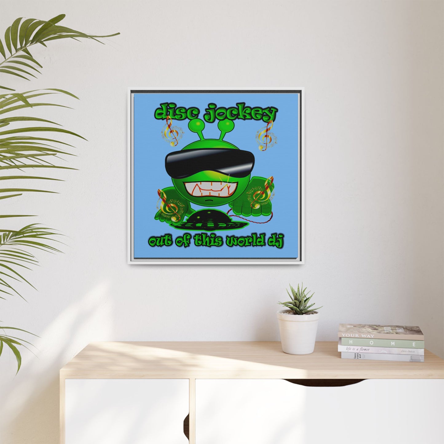 disc jockey - framed canvas art (light blue)