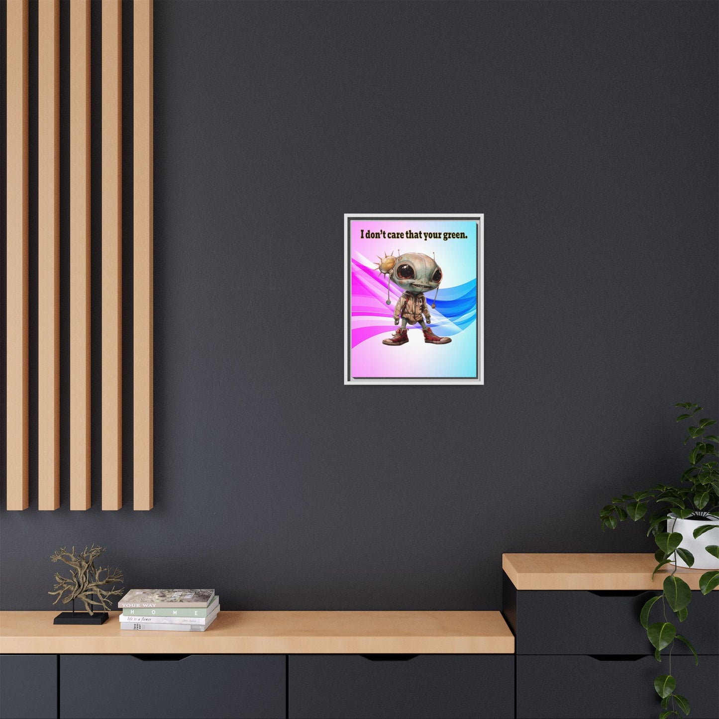 I don't care that your green - framed canvas art (light blue-pink wave)