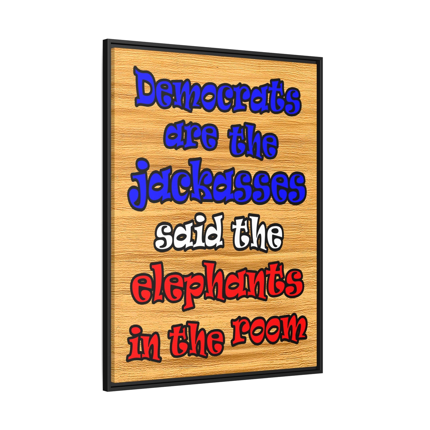 donkeys and elephants - framed canvas art (butterscotch wood finish)