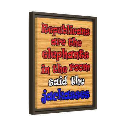 donkeys and elephants - framed canvas art (butterscotch wood finish)