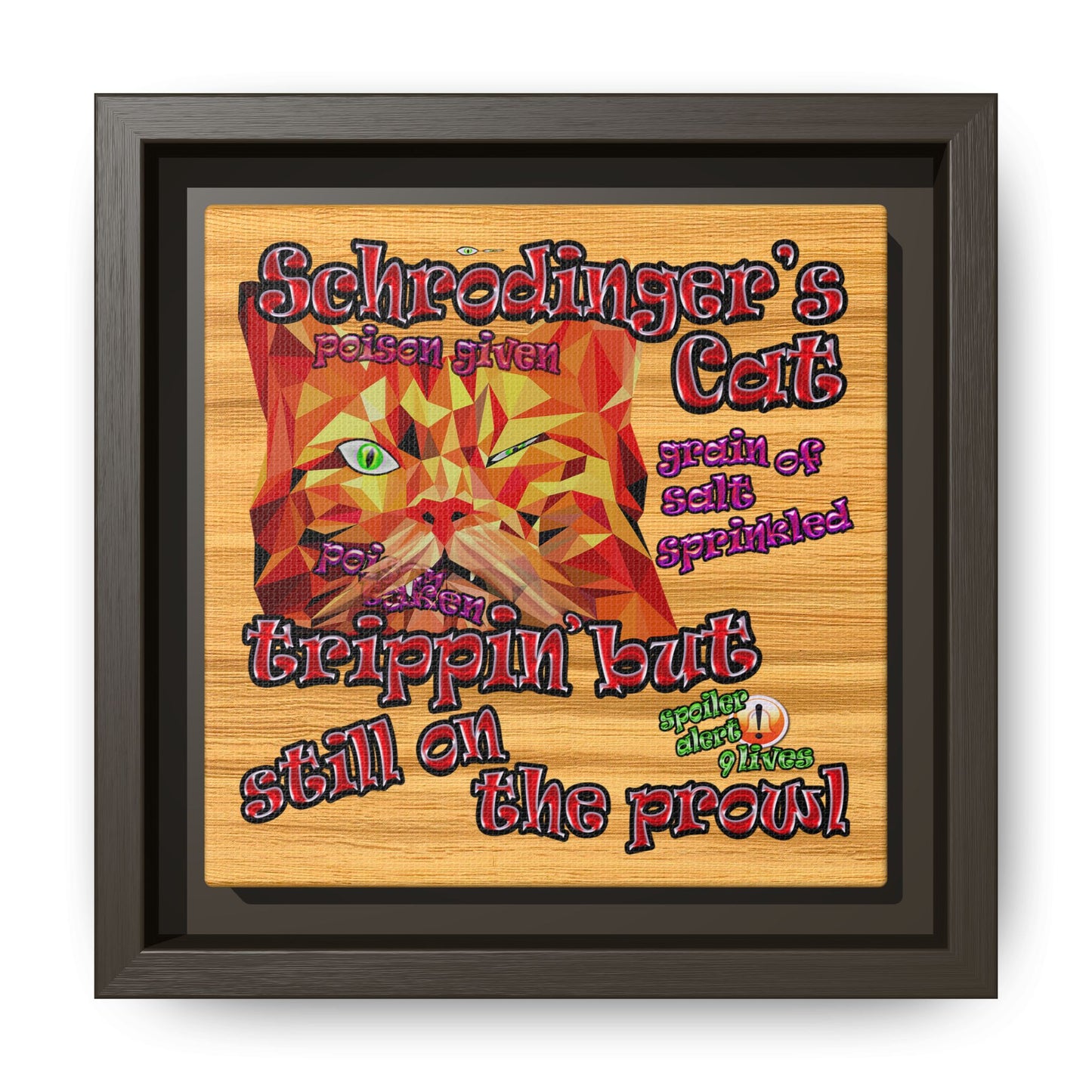 schrodinger's cat - framed canvas art (butterscotch wood finish)