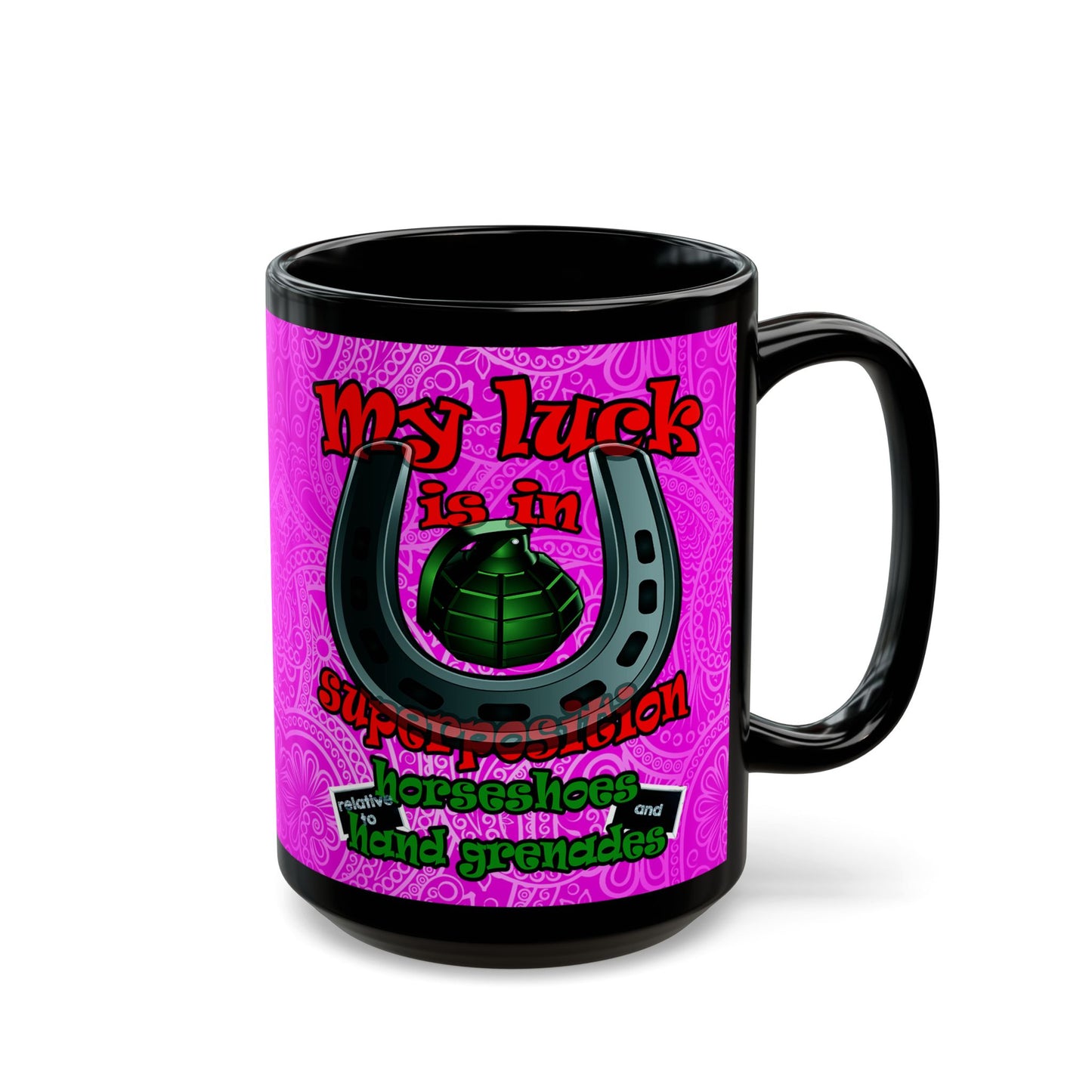 my luck - Black Mug (pink swirl)