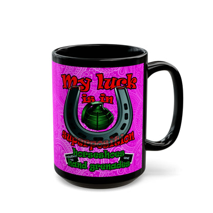 my luck - Black Mug (pink swirl)