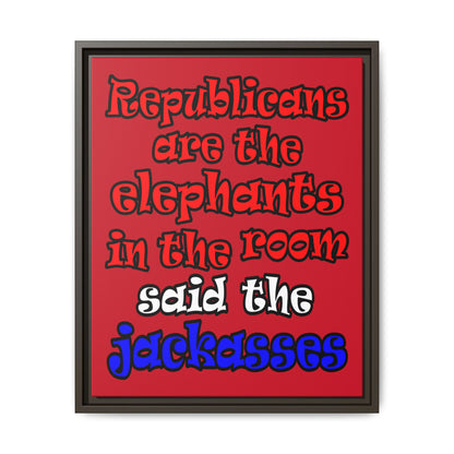donkeys and elephants - framed canvas art (dark red)