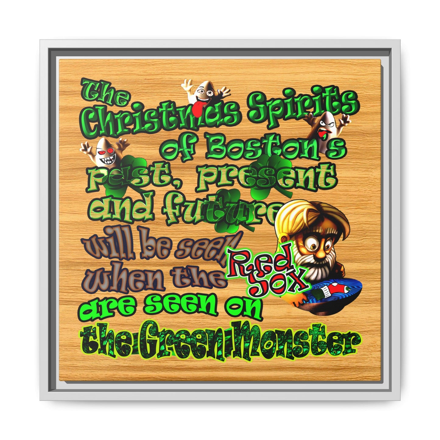 christmas spirits of boston - framed canvas art (butterscotch wood finish)