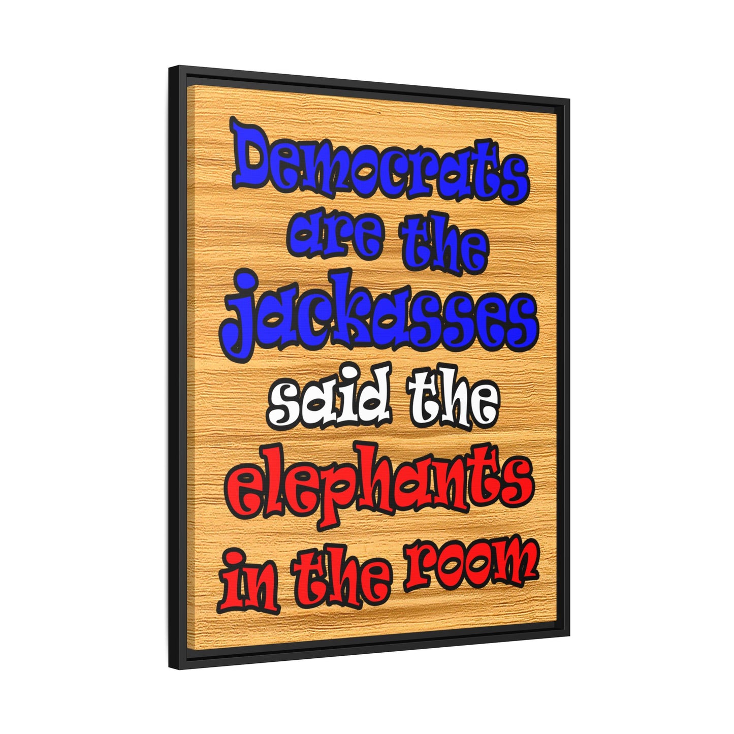 donkeys and elephants - framed canvas art (butterscotch wood finish)