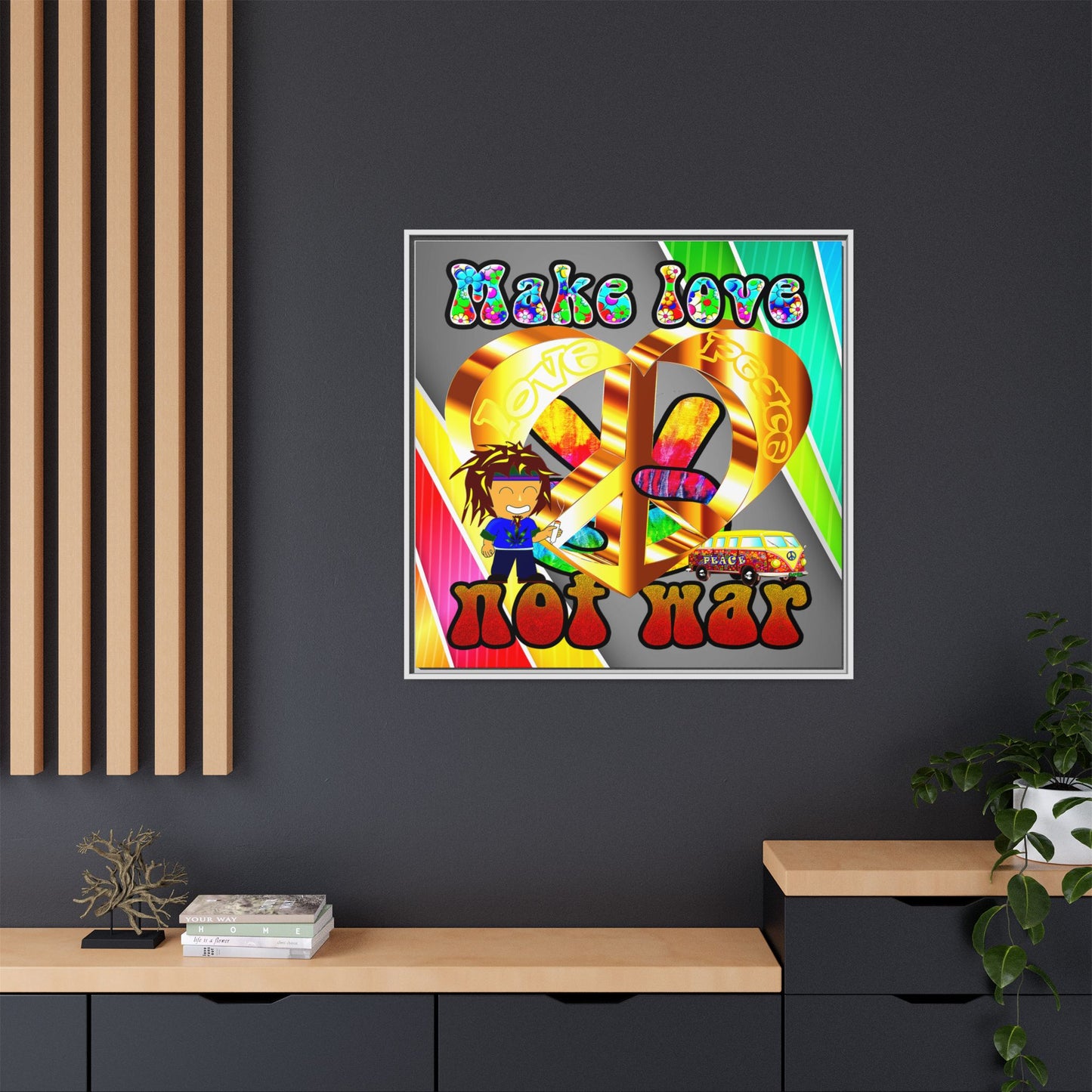 love peace - framed canvas art (rainbow split)