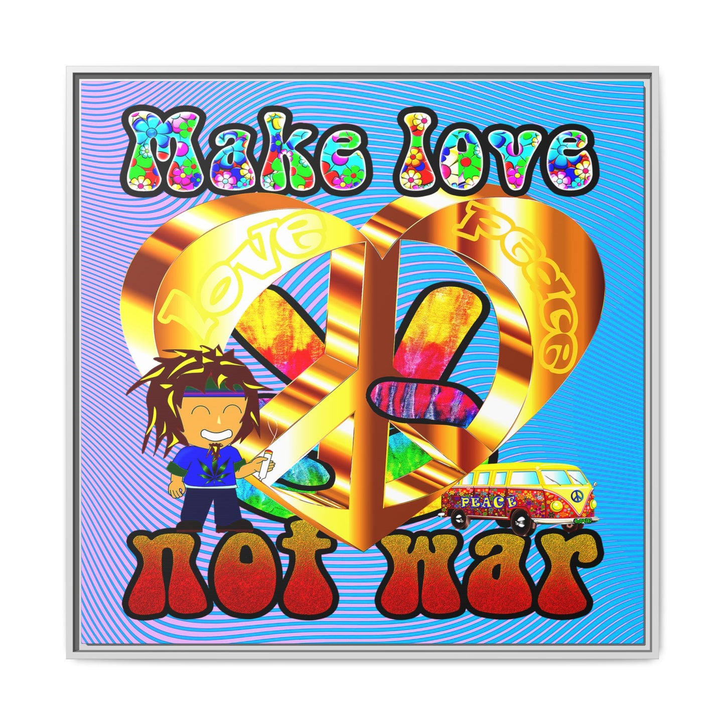 love peace - framed canvas art (light blue-purple wave)
