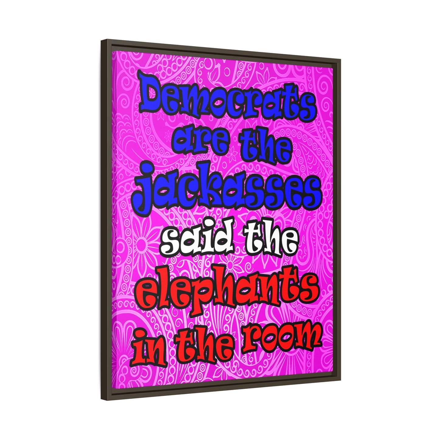 donkeys and elephants - framed canvas art (pink swirl)