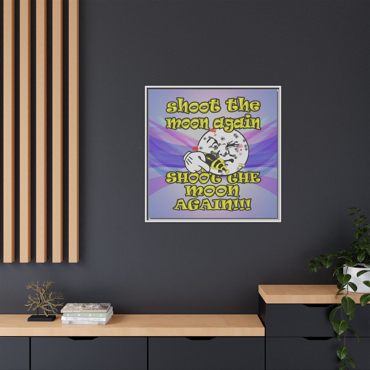 shoot the moon again - framed canvas art (light blue-pink wave)