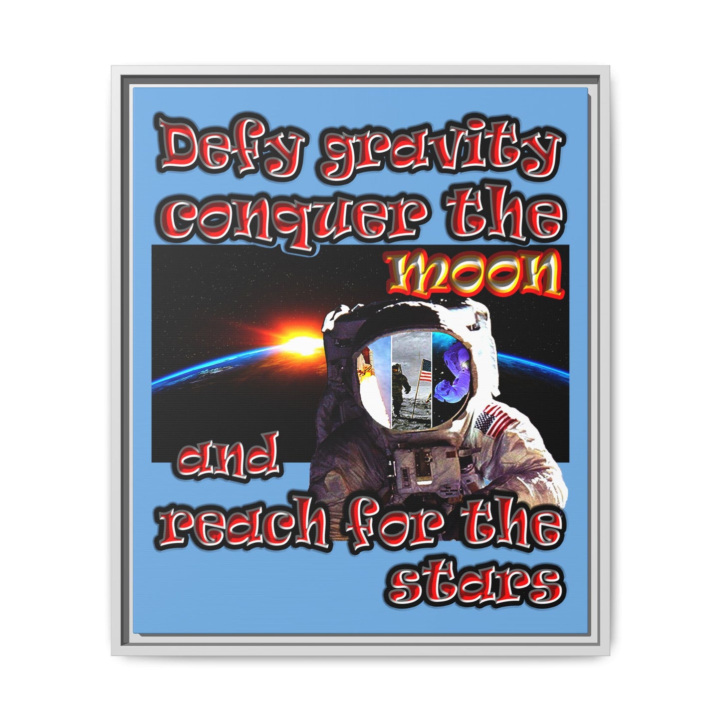 defy conquer reach - framed canvas art (light blue)