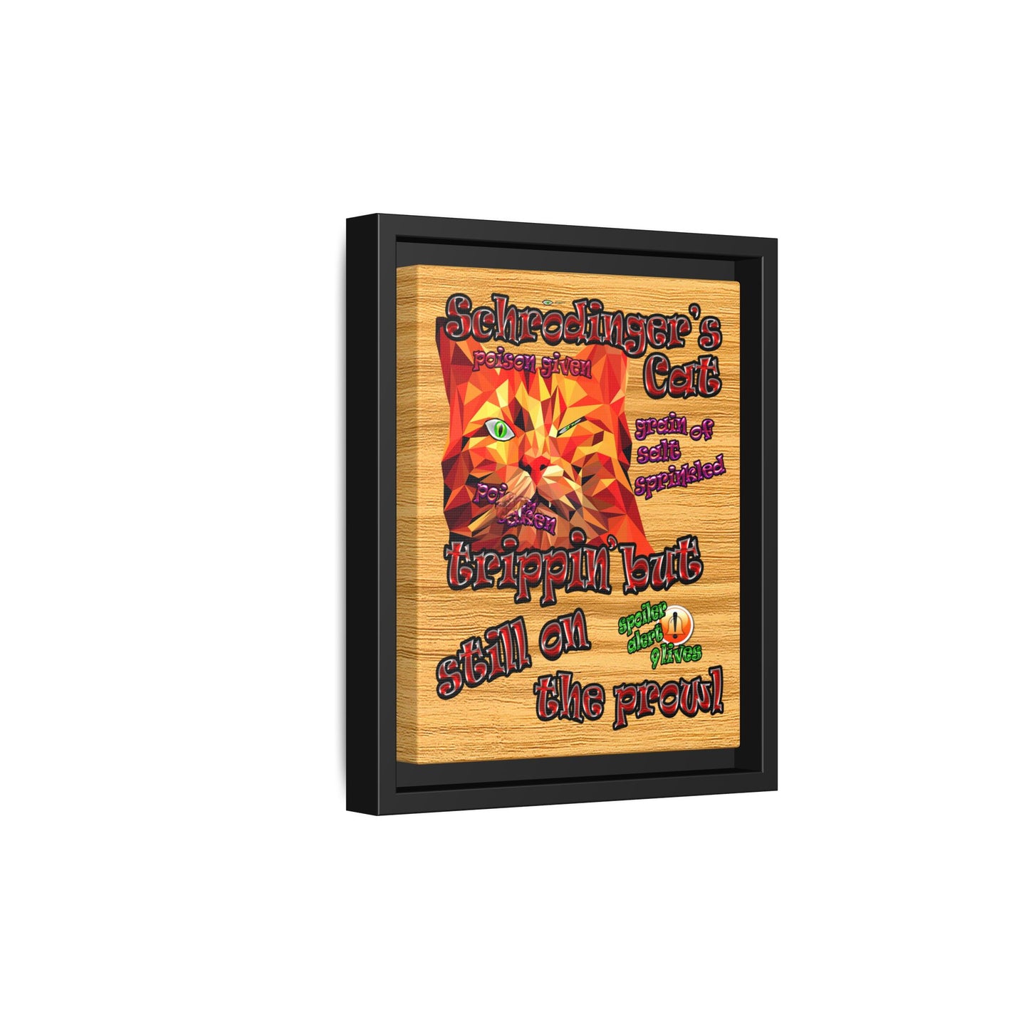 schrodinger's cat - framed canvas art (butterscotch wood finish)
