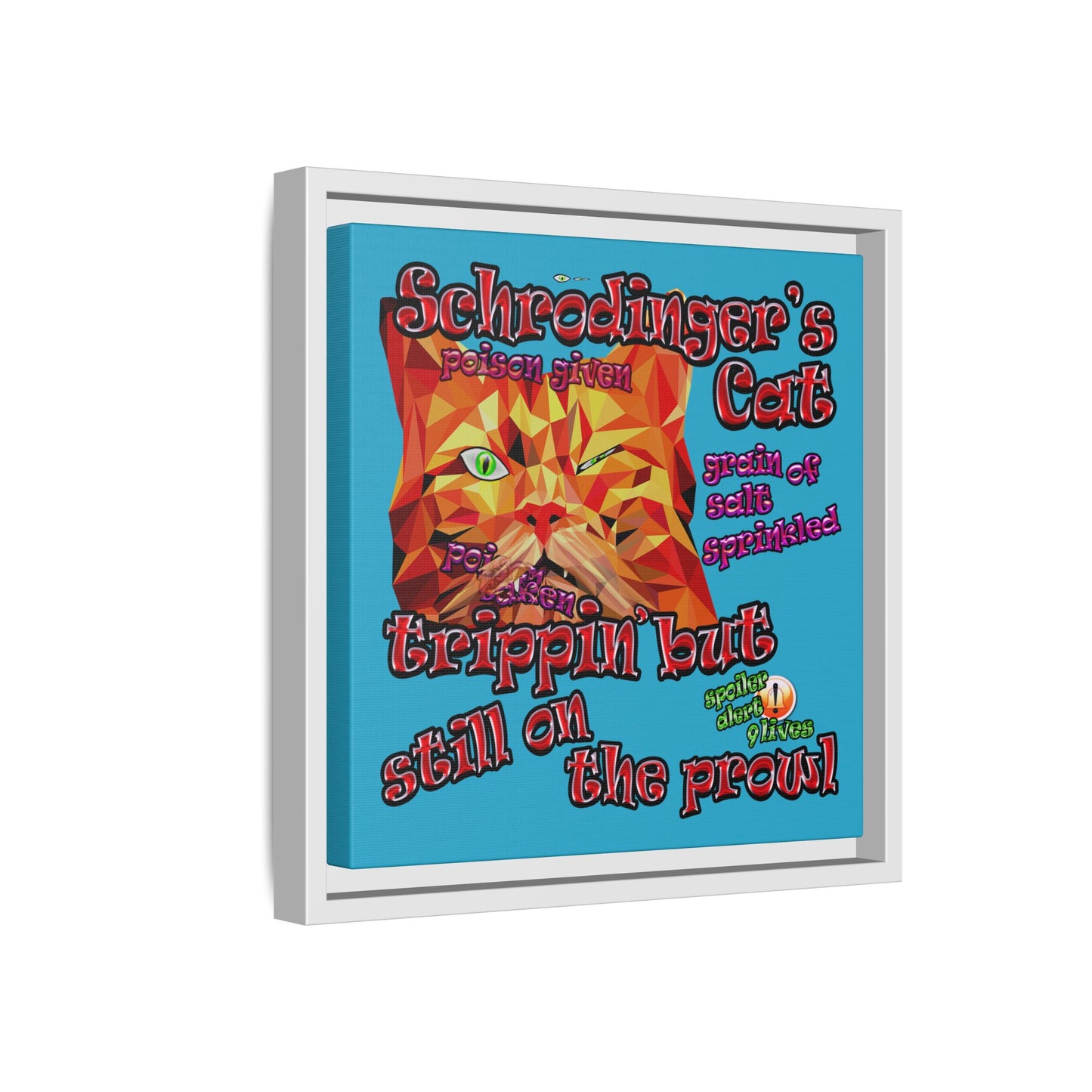 schrodinger's cat - framed canvas art (turquoise)