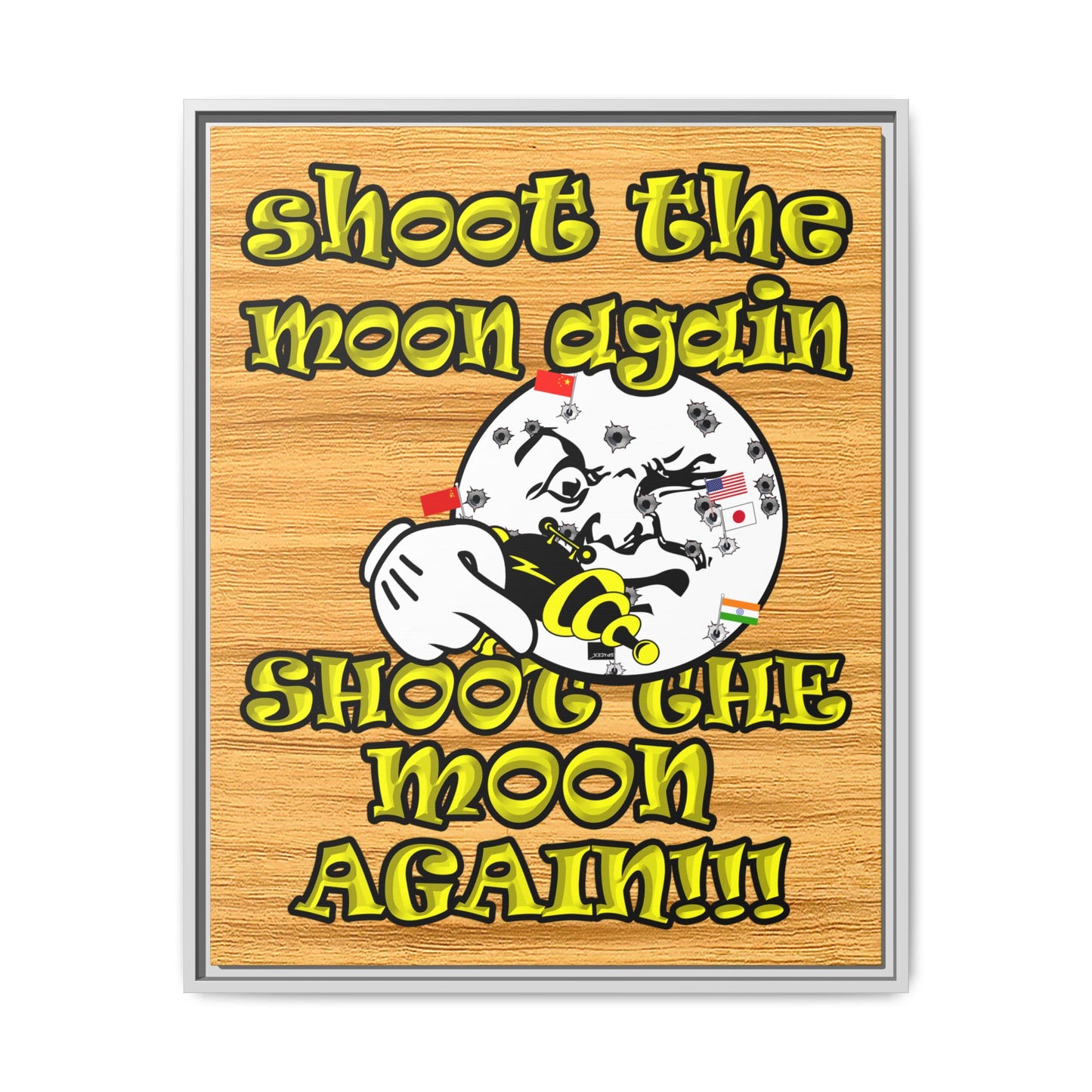 shoot the moon again - framed canvas art (butterscotch wood finish)