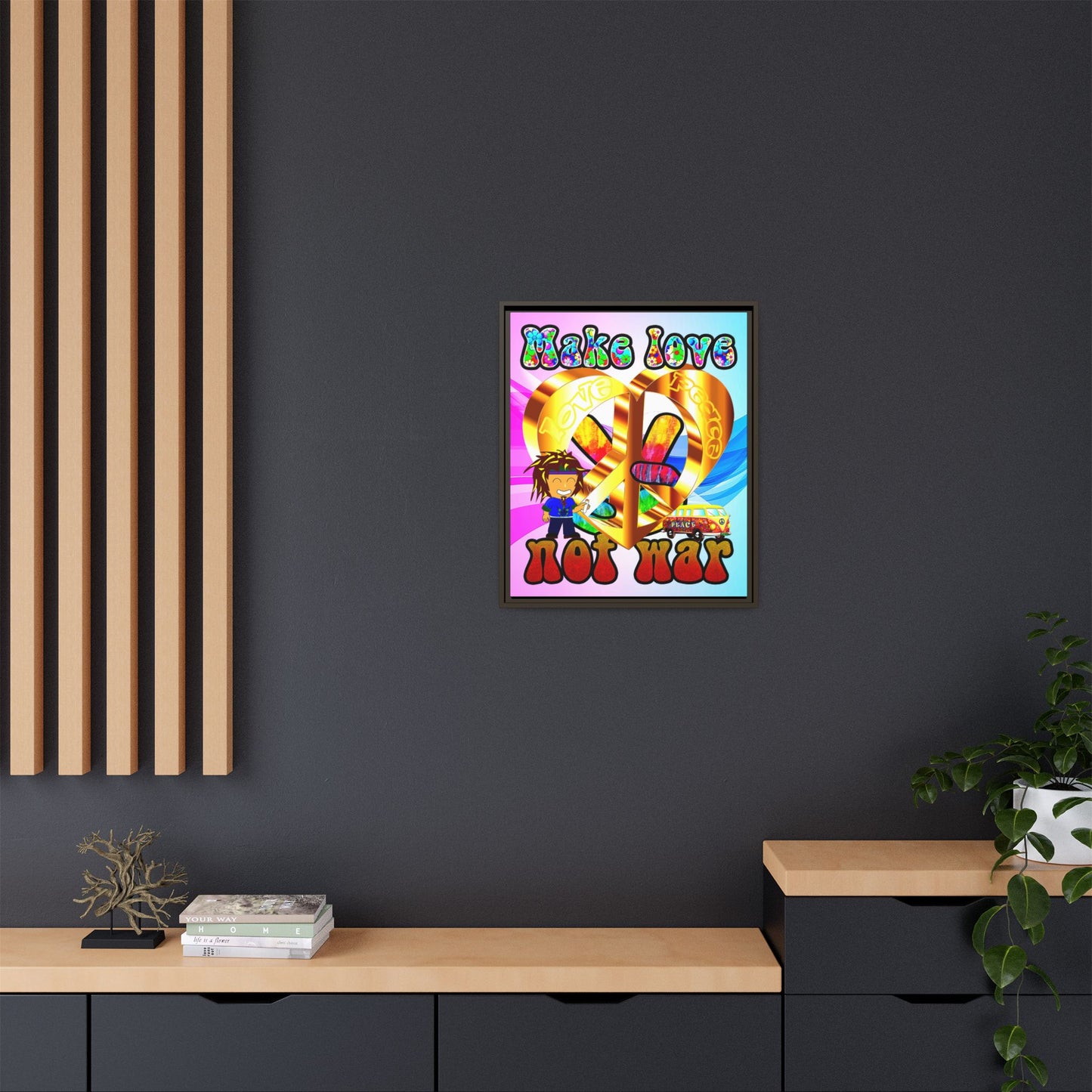 love peace - framed canvas art (light blue-pink wave)