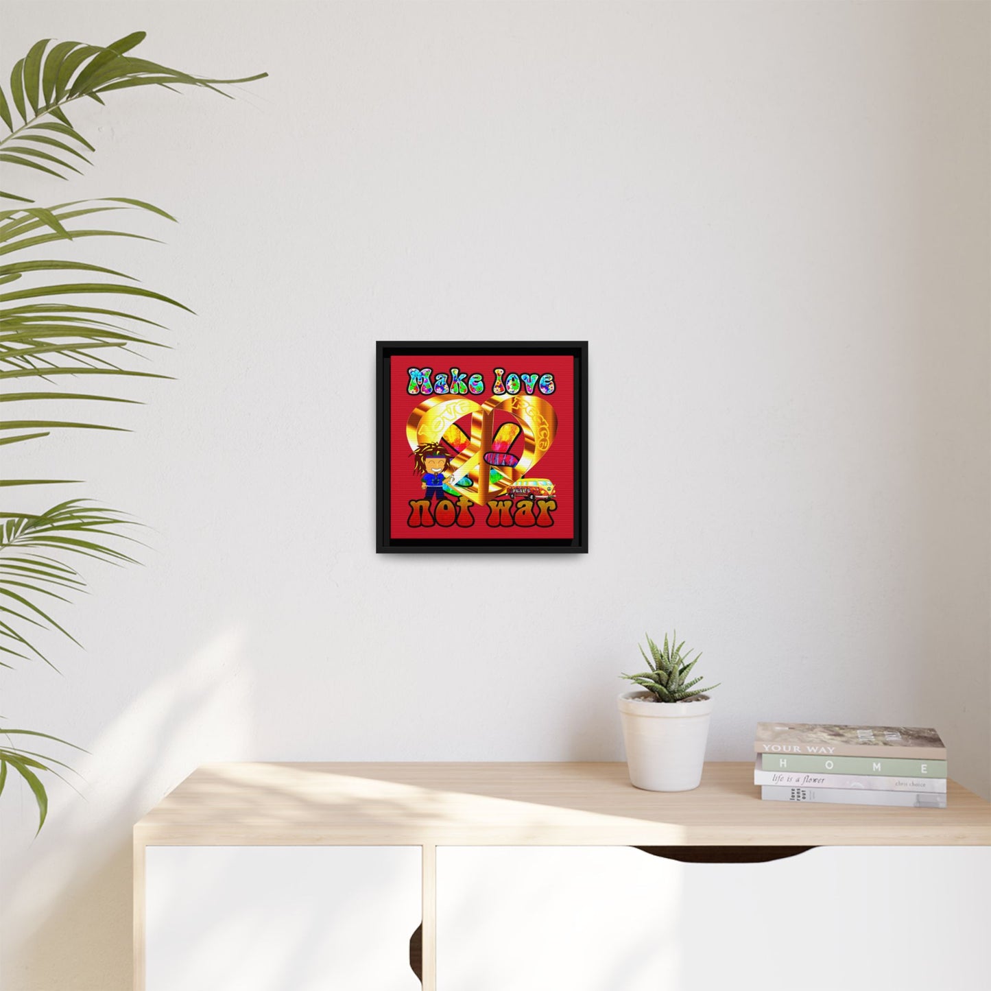 love peace - framed canvas art (dark red)