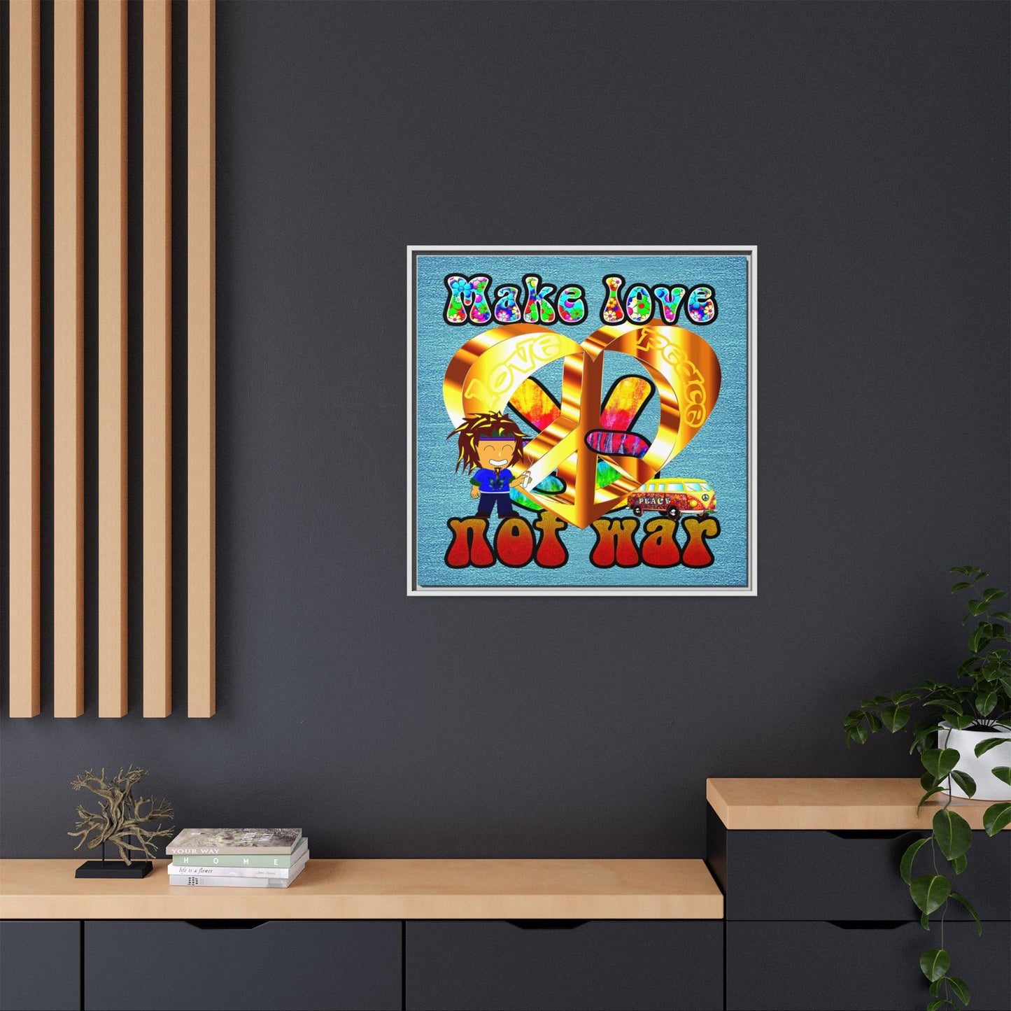 love peace - framed canvas art (faded blue)