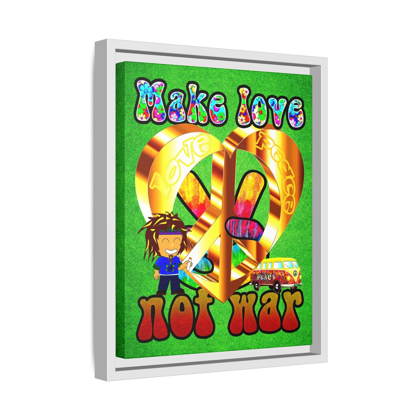 love peace - framed canvas art (green turf)