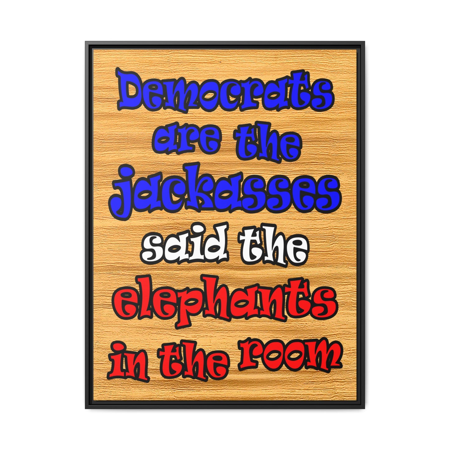 donkeys and elephants - framed canvas art (butterscotch wood finish)