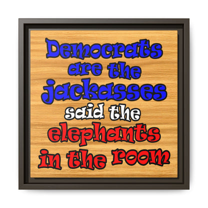 donkeys and elephants - framed canvas art (butterscotch wood finish)