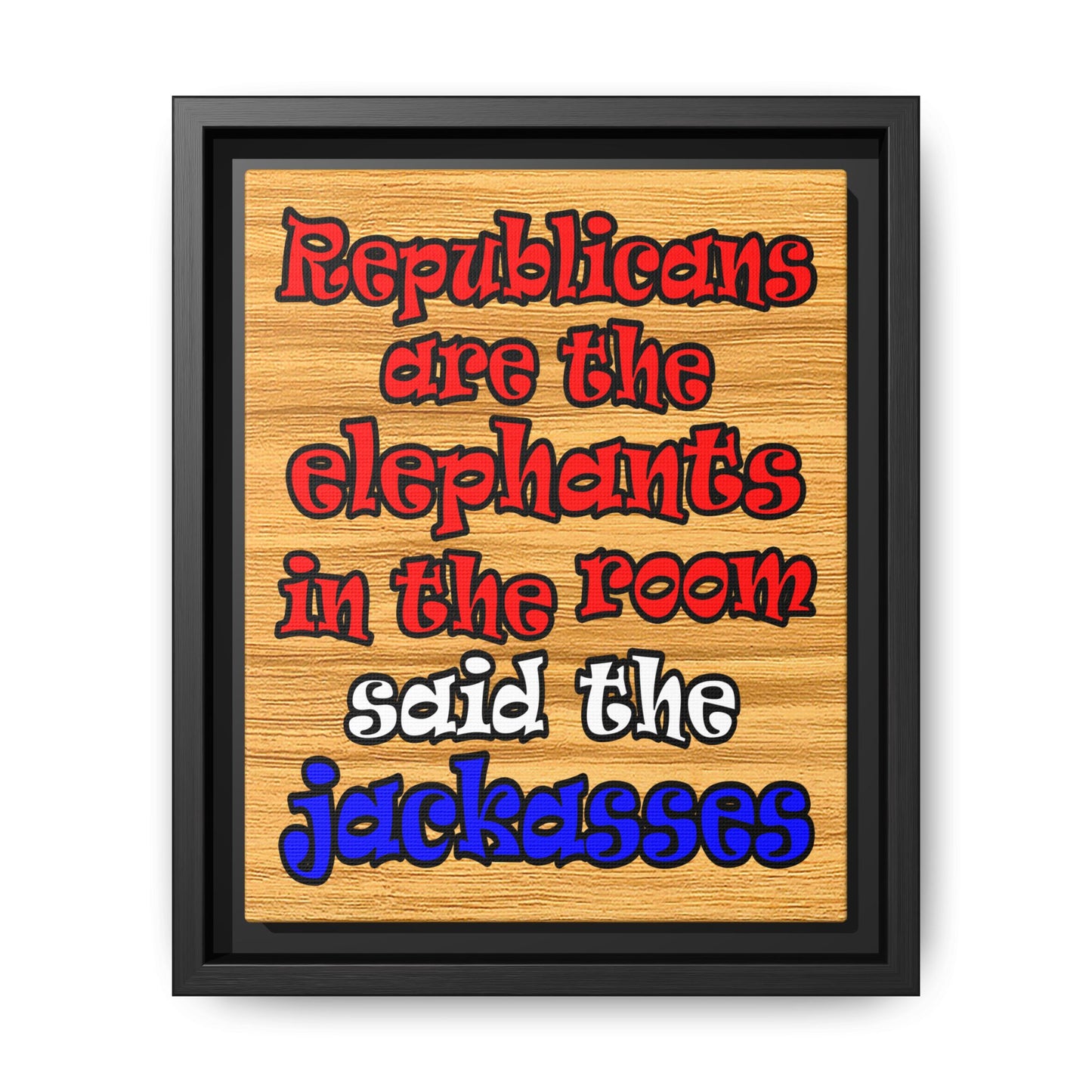 donkeys and elephants - framed canvas art (butterscotch wood finish)
