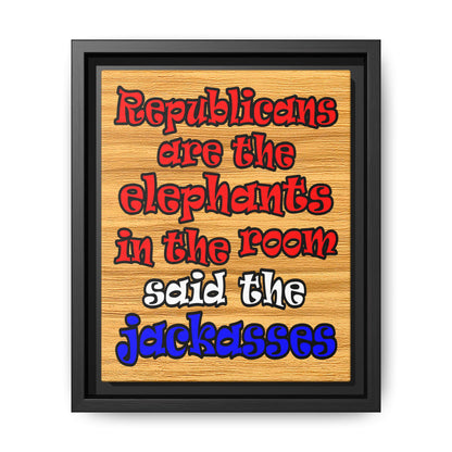 donkeys and elephants - framed canvas art (butterscotch wood finish)