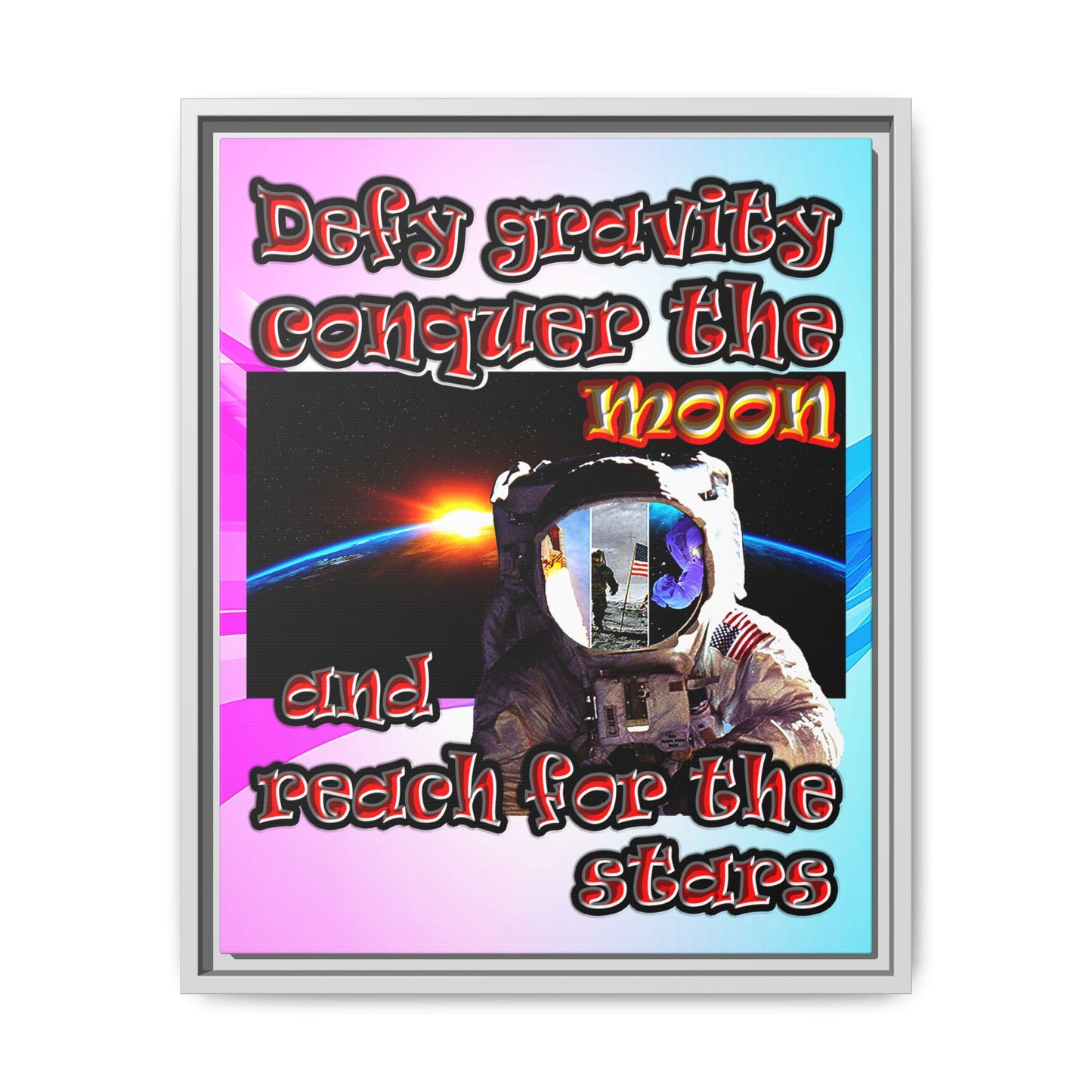 defy conquer reach - framed canvas art (light blue-pink wave)