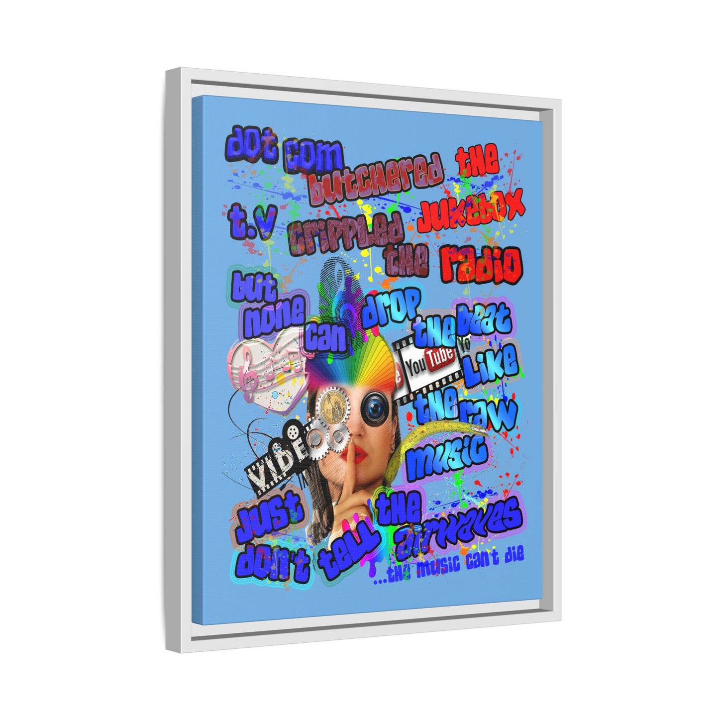 drop the beat - framed canvas art (light blue)