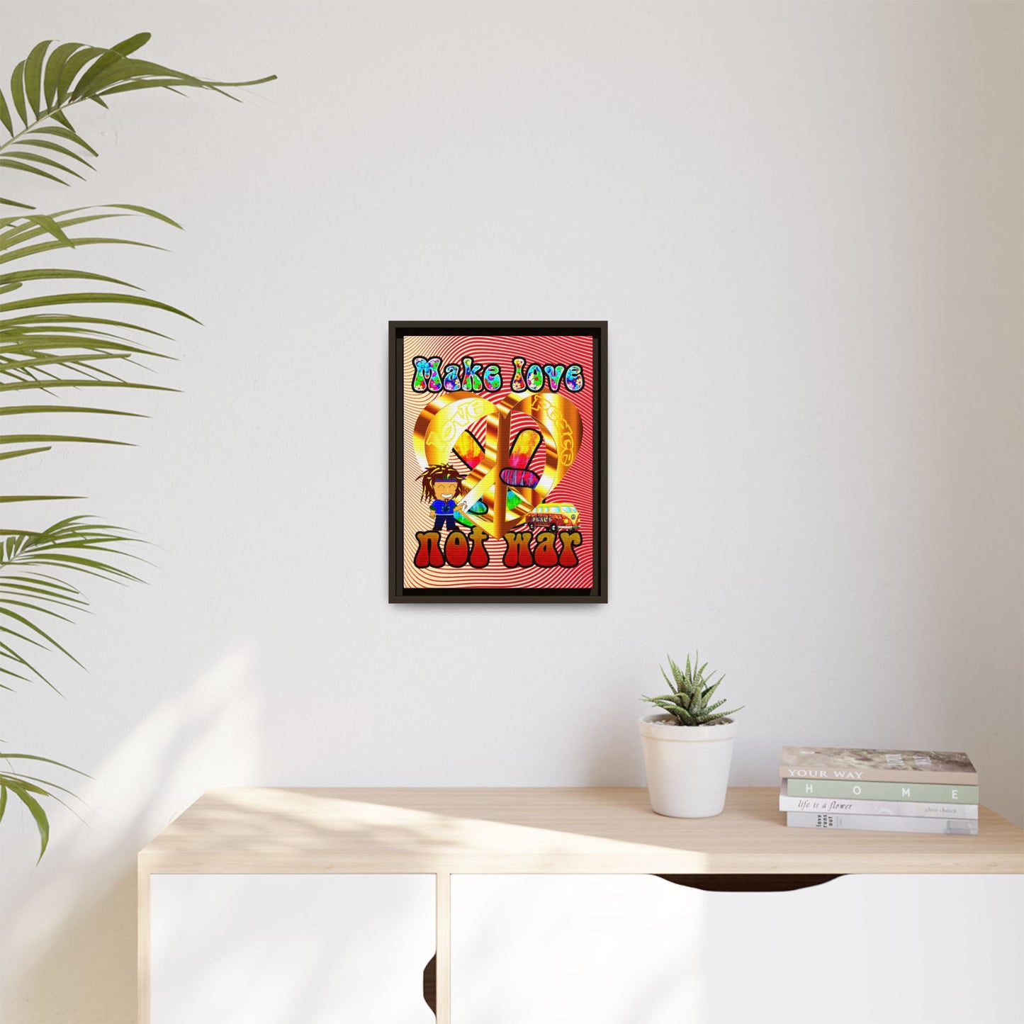 love peace - framed canvas art (yellow-orange wave)