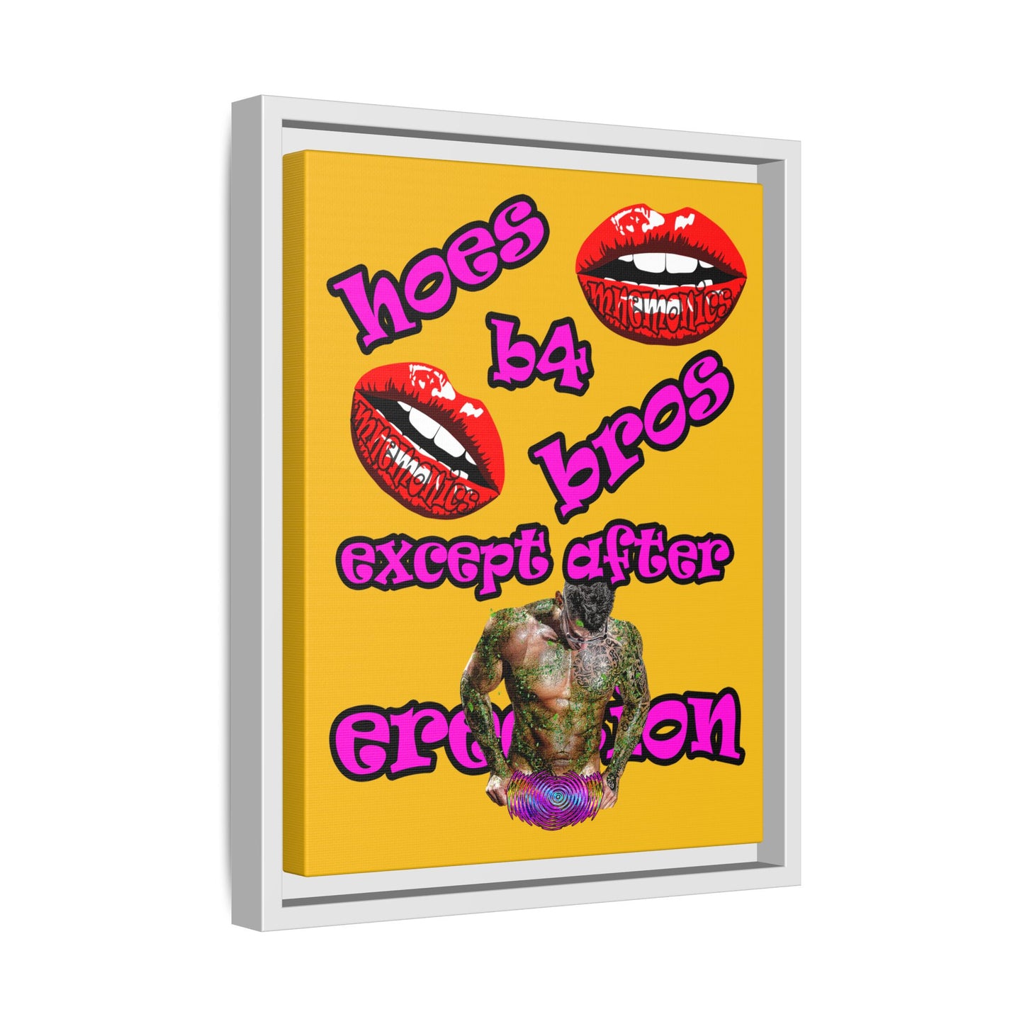 hoes b4 bros - framed canvas art (yellow)