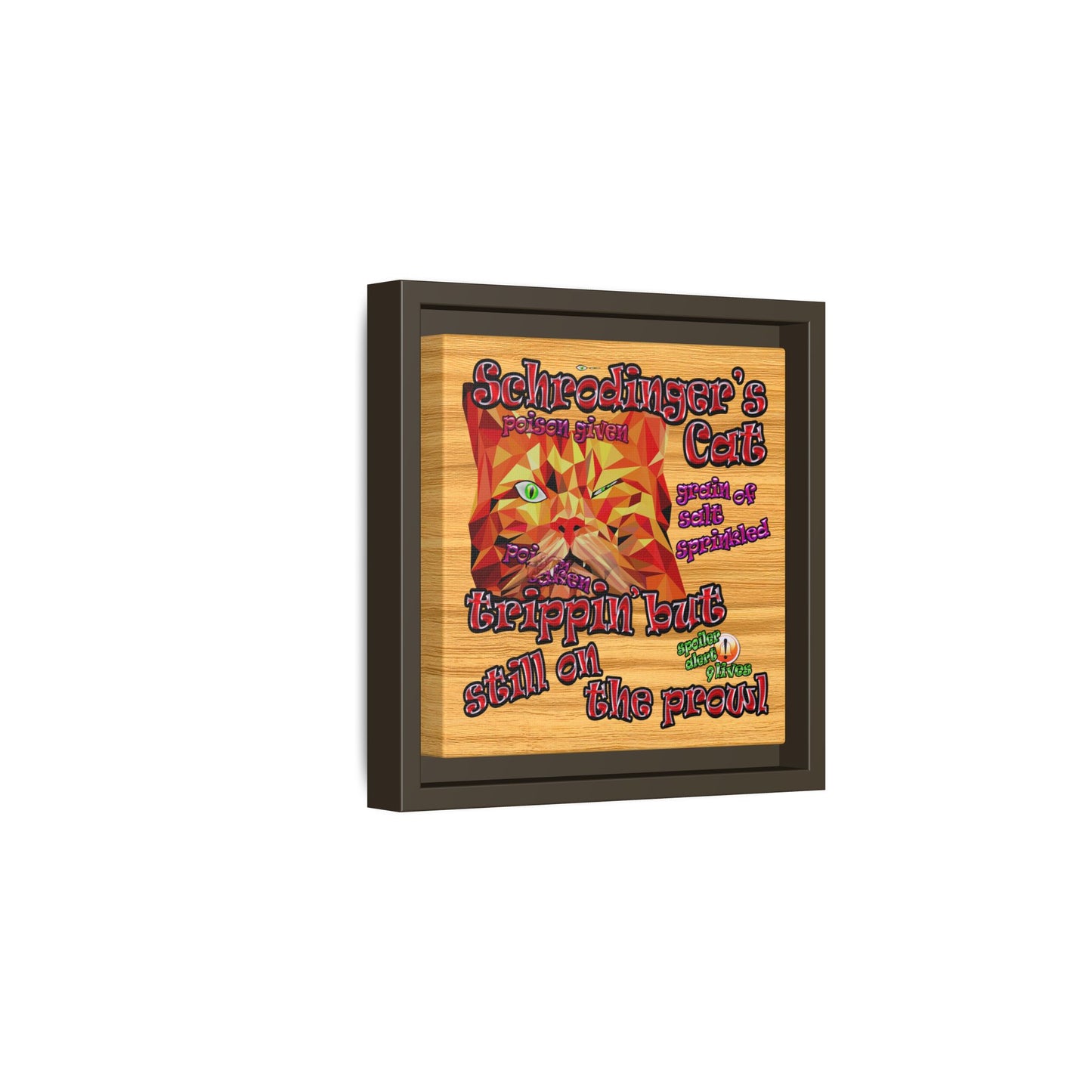 schrodinger's cat - framed canvas art (butterscotch wood finish)