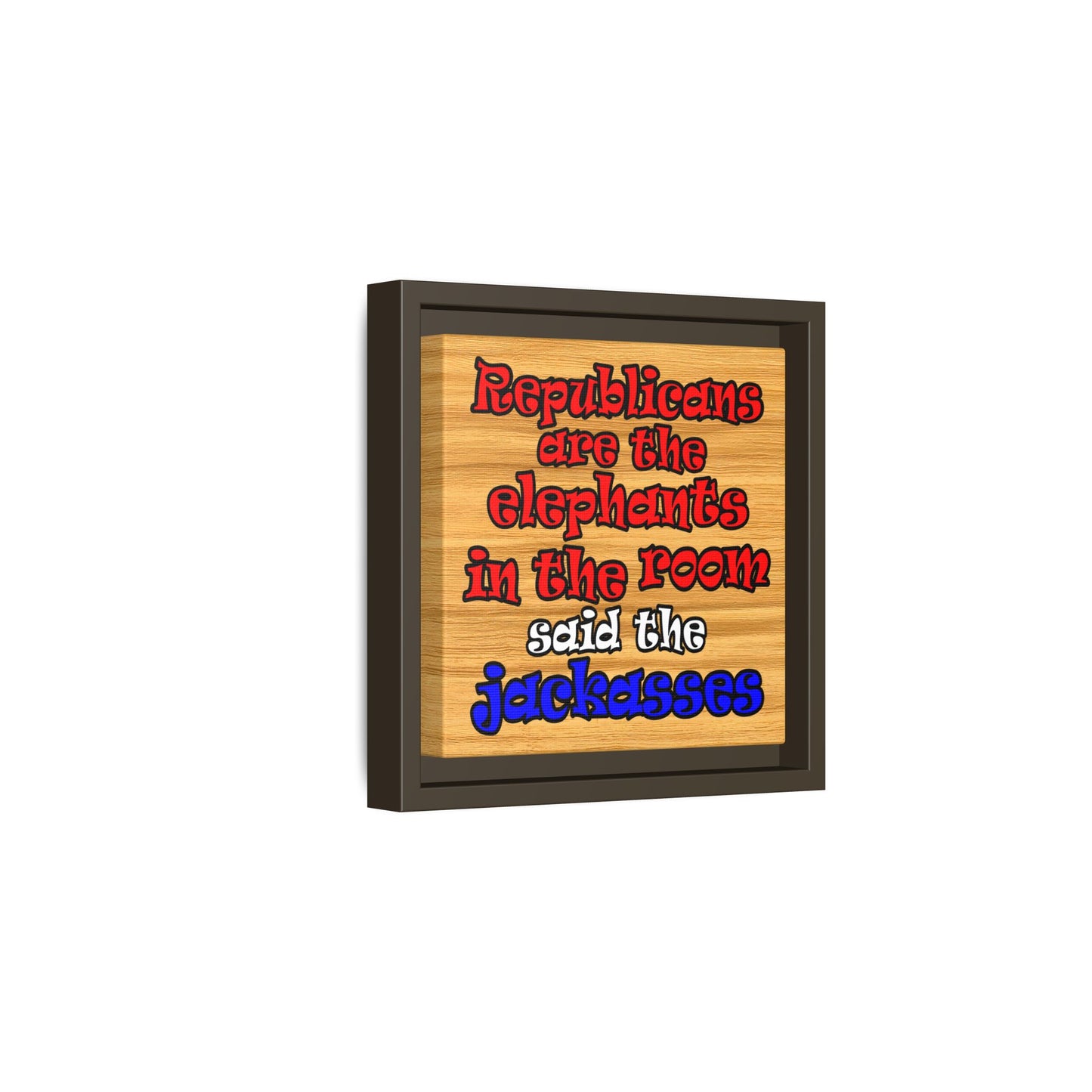 donkeys and elephants - framed canvas art (butterscotch wood finish)