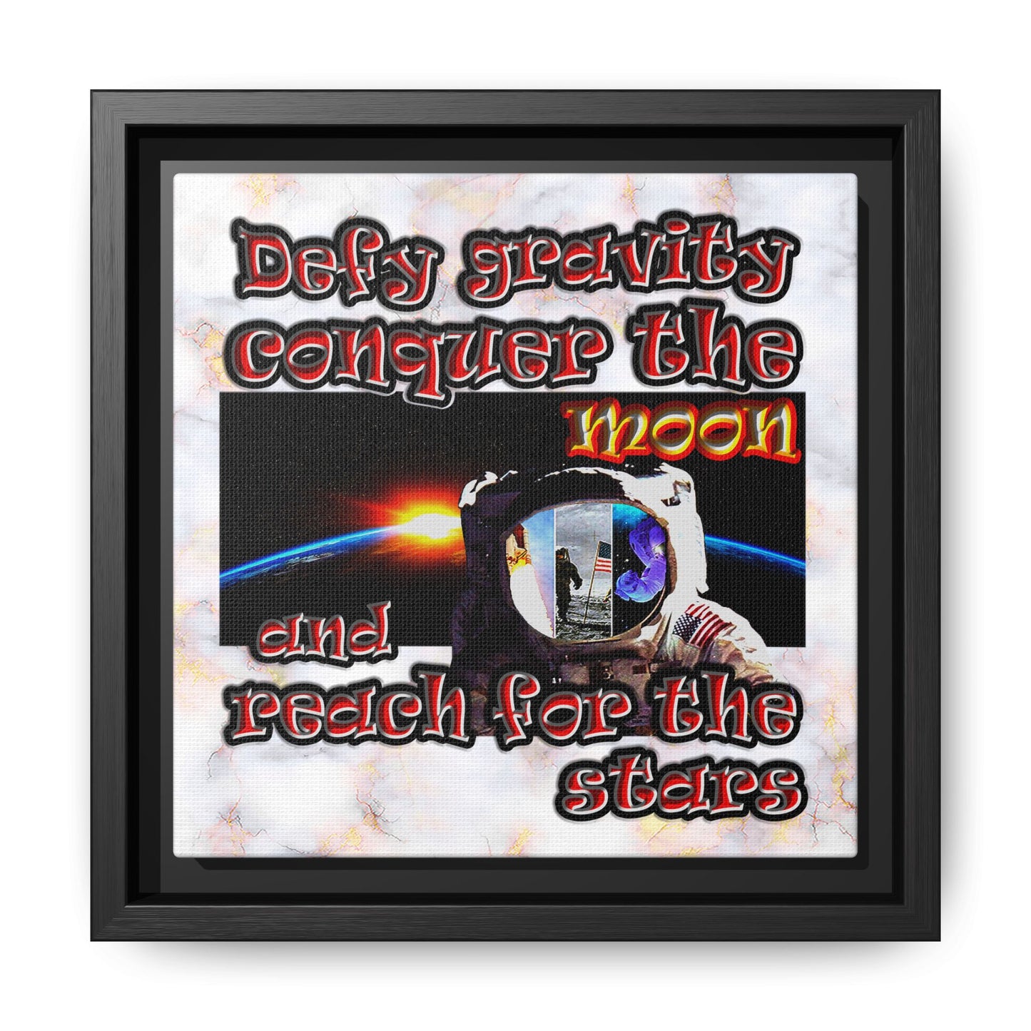 defy conquer reach - framed canvas art (white marble)