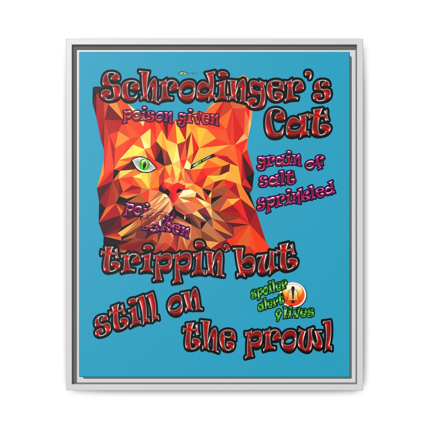 schrodinger's cat - framed canvas art (turquoise)