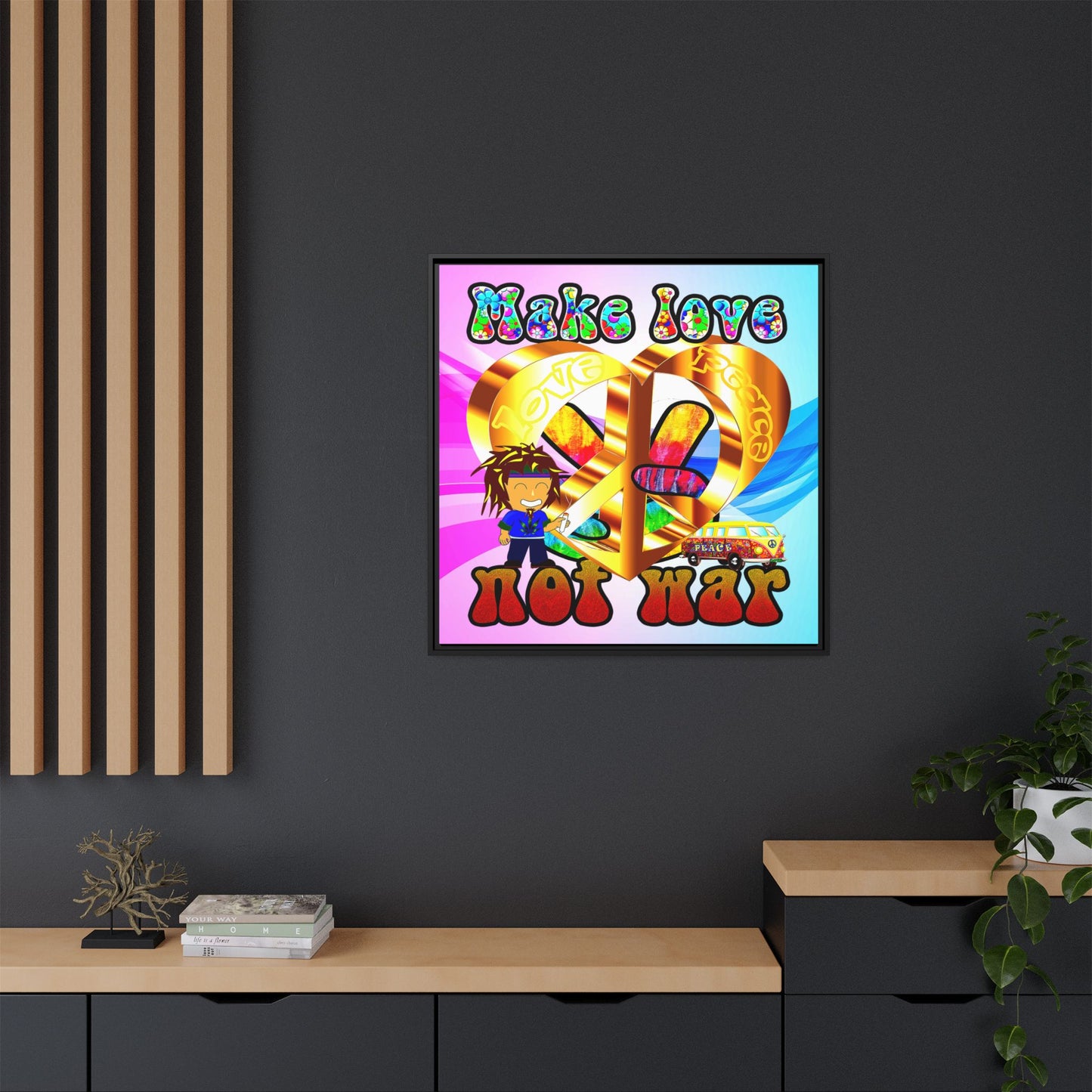love peace - framed canvas art (light blue-pink wave)