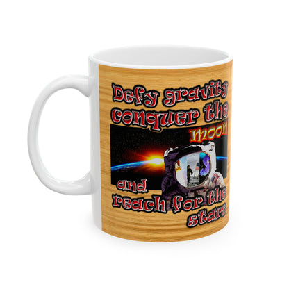 defy conquer reach - White Mug (butterscotch wood finish)