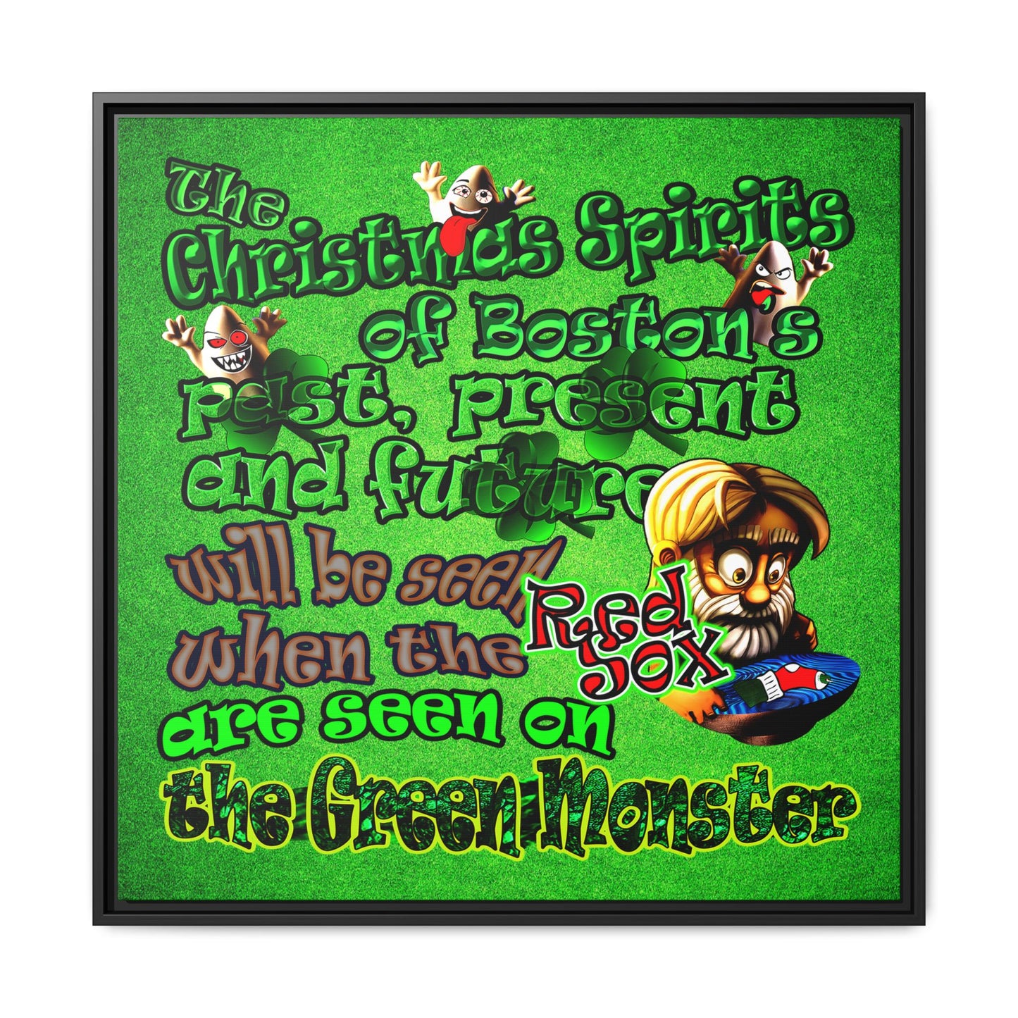 christmas spirits of boston - framed canvas art (green turf)