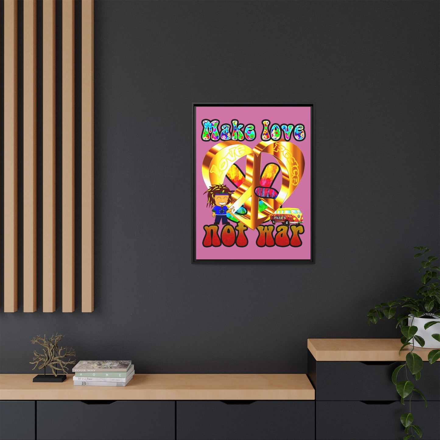 love peace - framed canvas art (light pink)