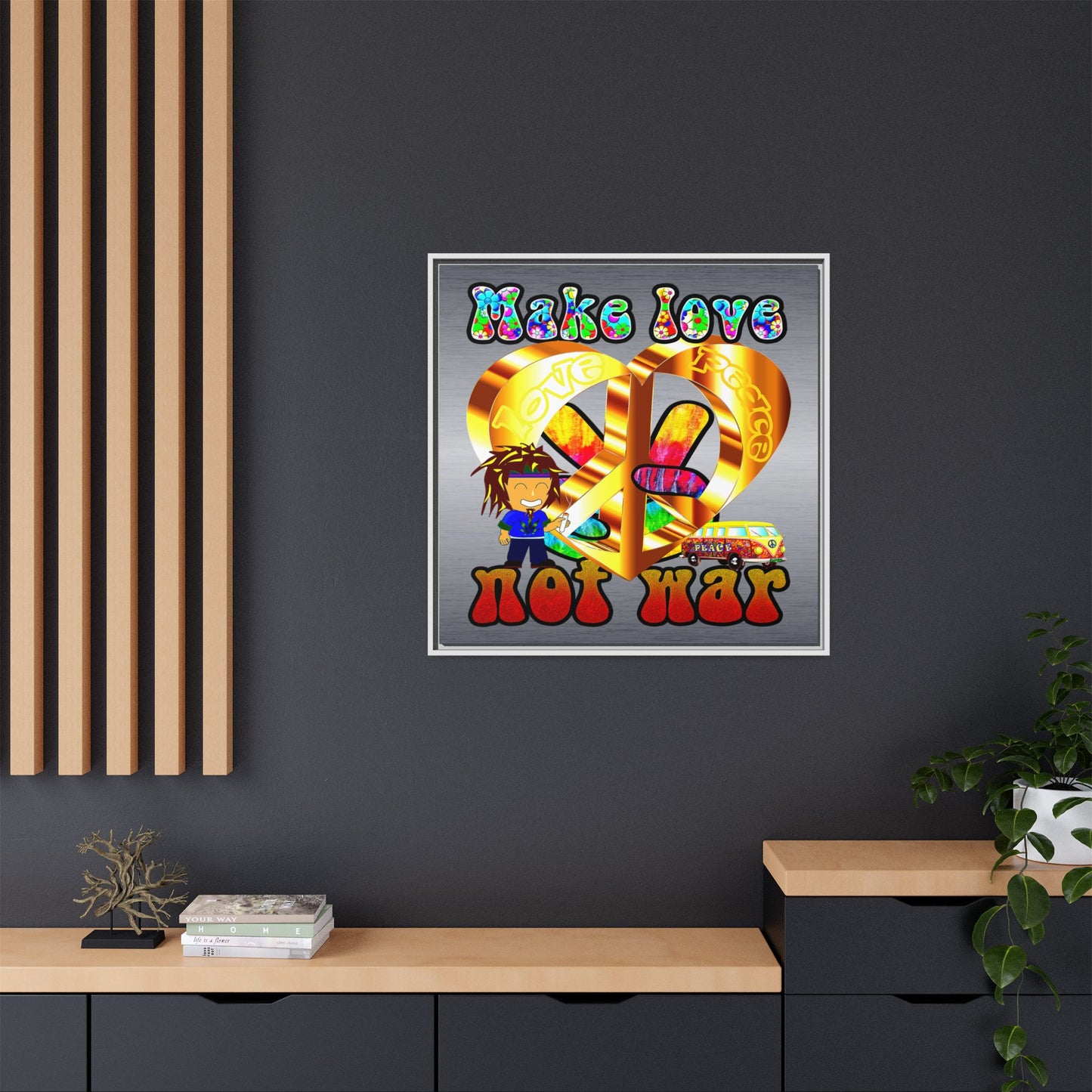 love peace - framed canvas art (brushed nickel)