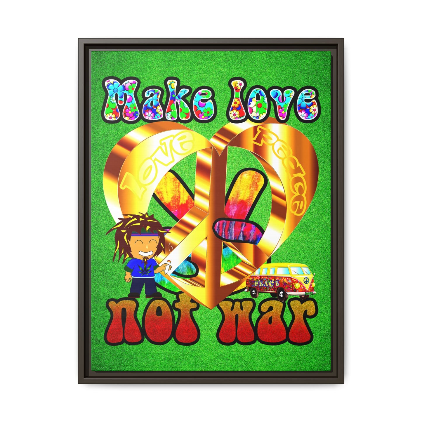 love peace - framed canvas art (green turf)