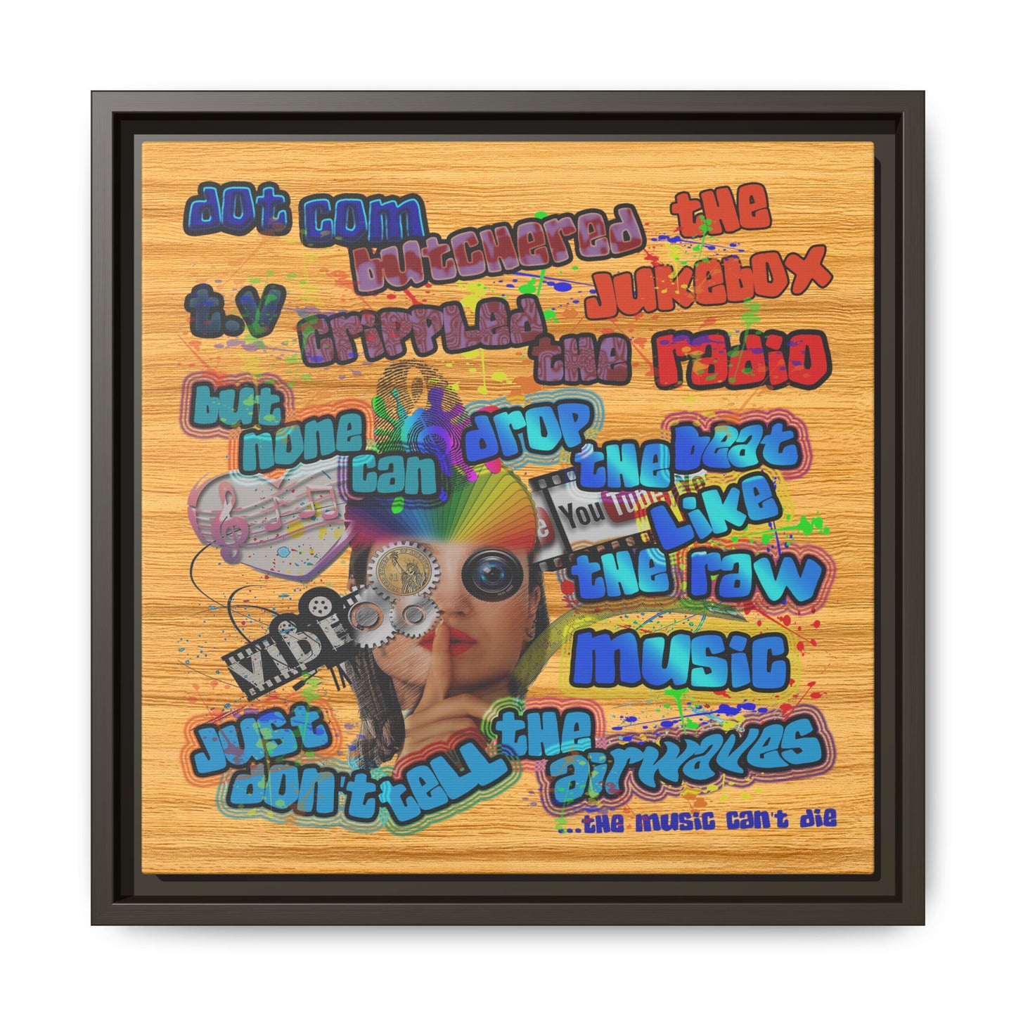 drop the beat - framed canvas art (butterscotch wood finish)